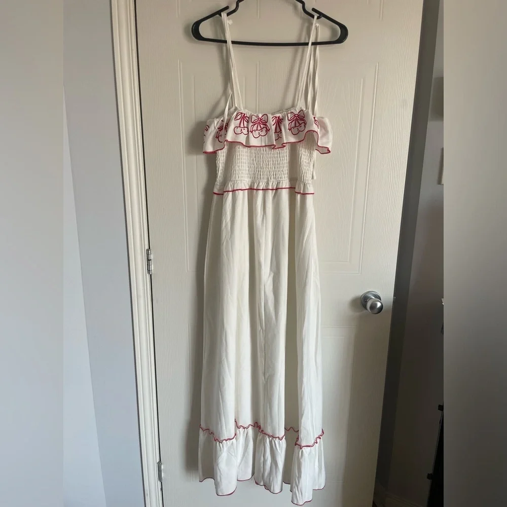 Embroidered Linen Midi Dress M Red White Countryside Cottage Classic Feminine - Picture 8 of 17